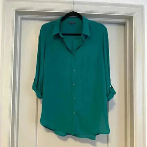 Adrianna Papell green button-up roll sleeve blouse size S